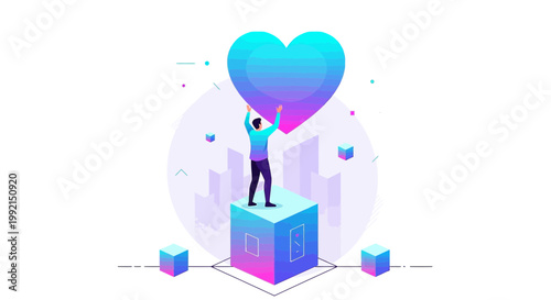 Man holding a large gradient heart above a cube, symbolizing love, connection, and digital innovation