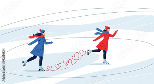 Couple Ice Skating with Heart Trail Illustration