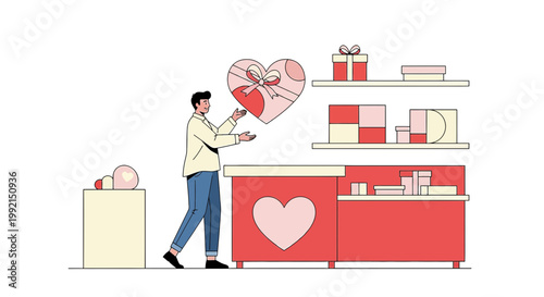 Man holding a large heart gift box in a store with shelves of gifts
