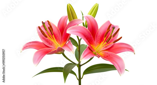 Pink lily flowers with green leaves and buds isolated on transparent background