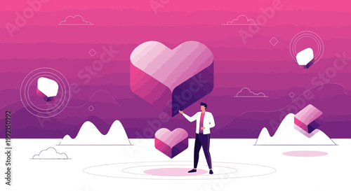 Man holding abstract geometric heart shapes with gradient colors on a pink background