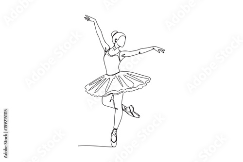 Continuous line art of a graceful ballerina isolated on white background.