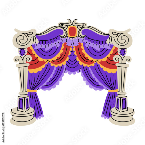 Decorative arch with purple theater curtains and ornate classical columns. Ornate frame illustration for stage performance announcement, event invitation, or circus show poster.