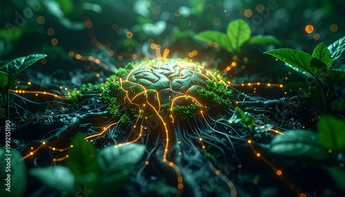 Futuristic artificial intelligence core integrated with nature and growing plants