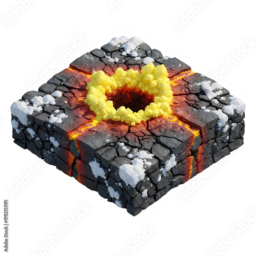 A fiery explosion emerging from a rocky terrain with glowing embers and sparks