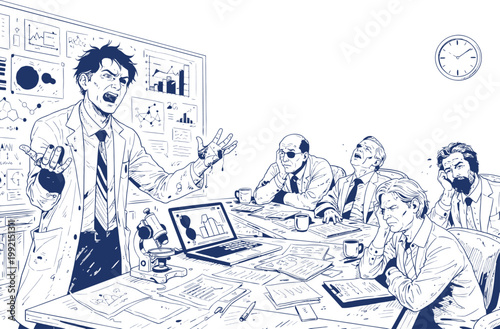 Scientist Pitch Meeting Comic Line Art