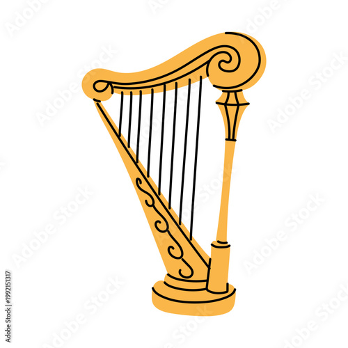 Classical gold harp with ornate carvings and strings. Colorful flat illustration of a theatrical musical instrument for orchestra concert posters, opera house flyers, or artistic event designs.