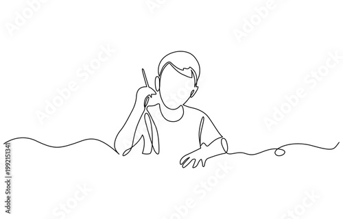 A young boy writing on paper, a minimalist drawing concept created. Home schooling and education concept. Minimalist black and white contour sketch