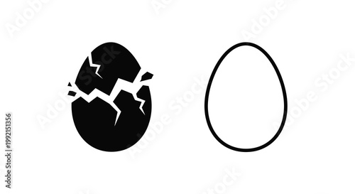 Cracked egg and whole egg depicted as a dark silhouette