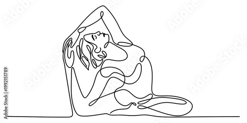 Continuous line drawing of a woman practicing yoga in a king pigeon pose on a white background Vector, illustration