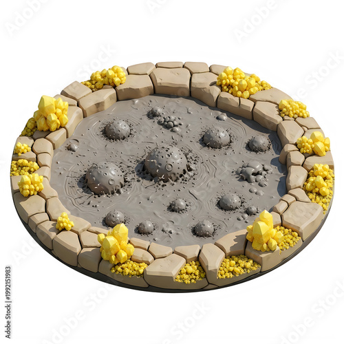 A round stone with yellow flowers growing around its edges in a circular pattern