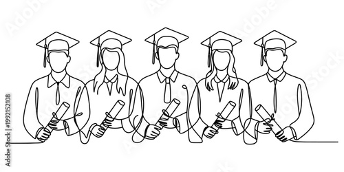 Continuous line drawing of a group of diverse graduates holding diplomas in their gowns Vector, illustration