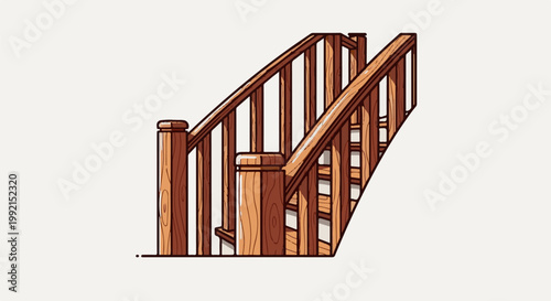 A wooden staircase with a railing, depicted in a simple, stylized illustration