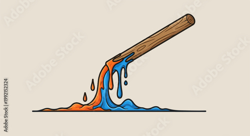 A wooden stick pours out vibrant orange and blue liquids, creating a dynamic, abstract flow