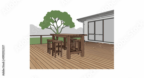 A wooden table and stools sit on a deck next to a house with large windows, shaded by a tree