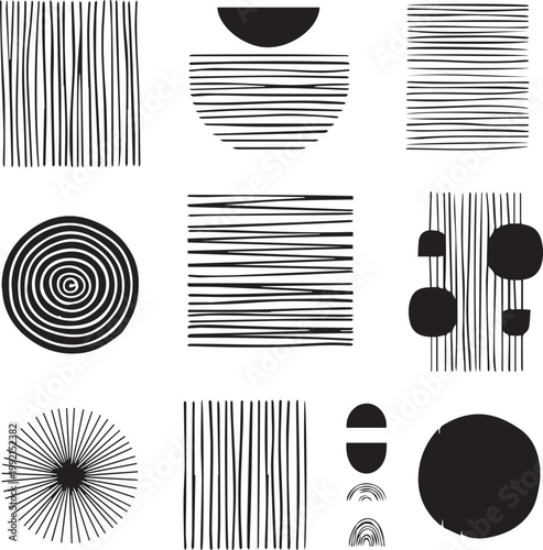 Minimalist Black and White Abstract Shape Set, Hand Drawn Linocut Style Vector Elements, Primitive Geometric Line Art and Organic Circular Icons