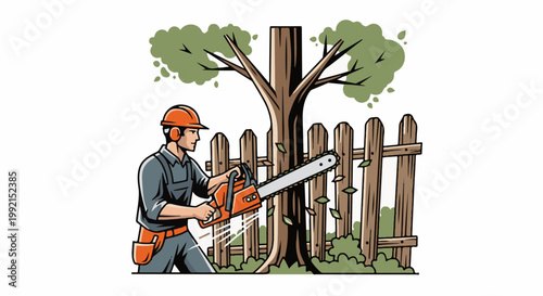 A worker in an orange helmet operates a chainsaw near a wooden fence and tree