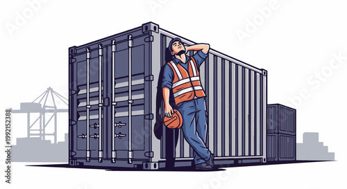 A worker in a high-visibility vest rests against a shipping container at a port