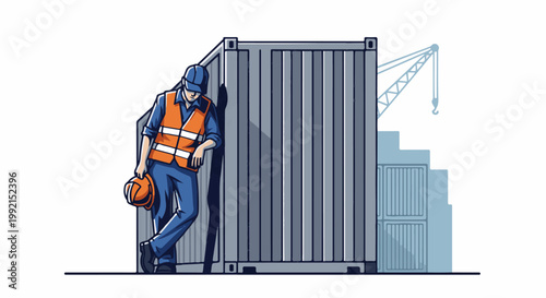 A worker leans on a shipping container at a port with a crane in the background