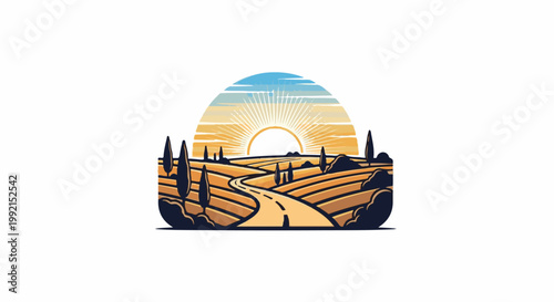 A winding road leads through sun-drenched hills dotted with cypress trees under a radiant sunset