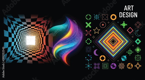 Abstract art design with geometric shapes, neon gradient tunnel, and colorful fluid wave elements