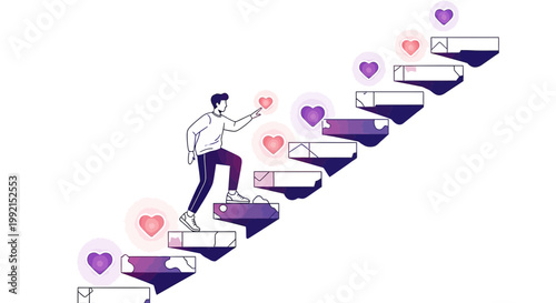 Man climbing stairs with glowing hearts, symbolizing success, motivation, and love