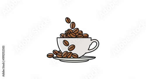 A white cup filled with brown coffee beans, with some scattered around it on a saucer