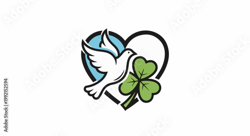 A white dove with a clover rests within a heart outline