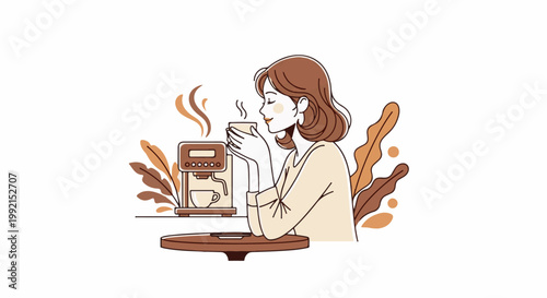 A woman enjoys a warm beverage next to a coffee maker surrounded by stylized plants