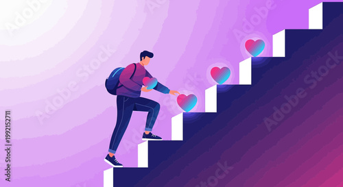 Man climbing stairs, collecting gradient hearts, symbolizing success, motivation, and positive feedback.