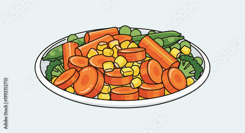 A white plate filled with a colorful mix of cooked carrots, corn, broccoli, and peas