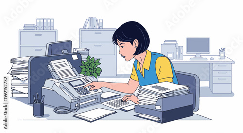 A woman in a blue vest over a yellow shirt works at a fax machine surrounded by office supplies