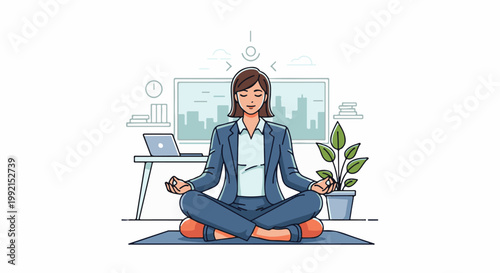A woman in a suit meditates in a serene office environment, finding peace amidst work