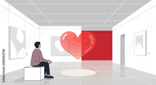Man Contemplating a Large Red Heart Art Installation in a Modern Gallery