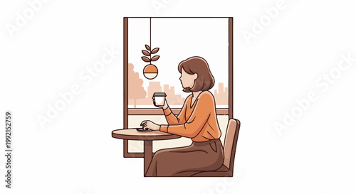 A woman in an orange top sits at a cafe table holding a coffee cup