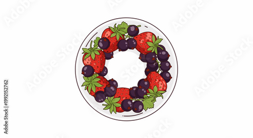 A white plate with a ring of fresh strawberries and dark berries arranged artistically