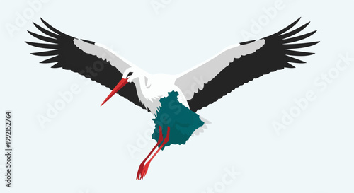 A white stork with black wingtips and a teal body is depicted in flight against a light blue background