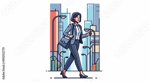 A woman in a suit walks confidently through a stylized city with tall buildings and streetlights