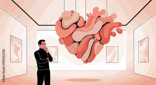 Man contemplating abstract heart sculpture in modern art gallery