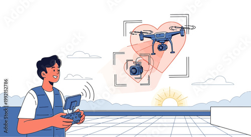Man controlling drone with camera, heart shape overlay, sunrise background