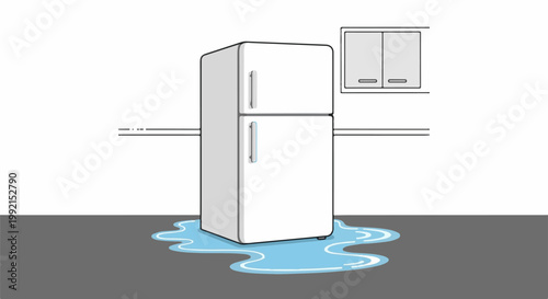 A white refrigerator is leaking water onto a dark floor in a kitchen setting