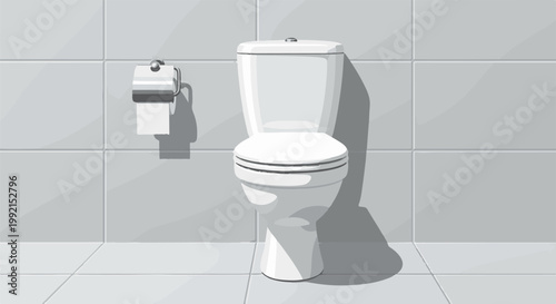 A white toilet sits in a tiled bathroom with a roll of toilet paper