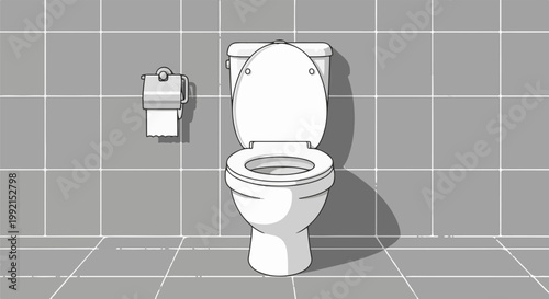 A white toilet with an open lid and seat against a tiled wall, with a toilet paper holder