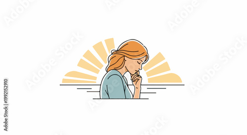 A woman with auburn hair in a light blue shirt, deep in thought, with a sunburst behind her