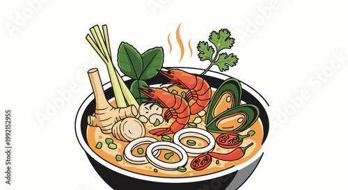 A vibrant, stylized bowl of Tom Yum soup with shrimp, mussels, and various aromatics