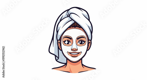 A woman's face with a white mask, hair wrapped in a towel