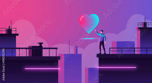 Man Creates Digital Heart in Futuristic Cityscape with Neon Lights and Abstract Clouds