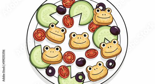 A whimsical plate of food featuring frog-shaped crackers with tomato slices and cucumber