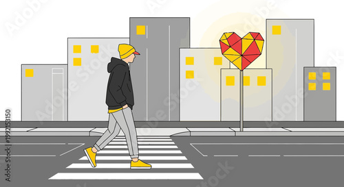 Man crossing street with geometric heart art in city skyline