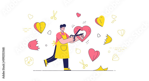 Man cutting a heart with scissors, symbolizing heartbreak, relationship breakup, or emotional pain